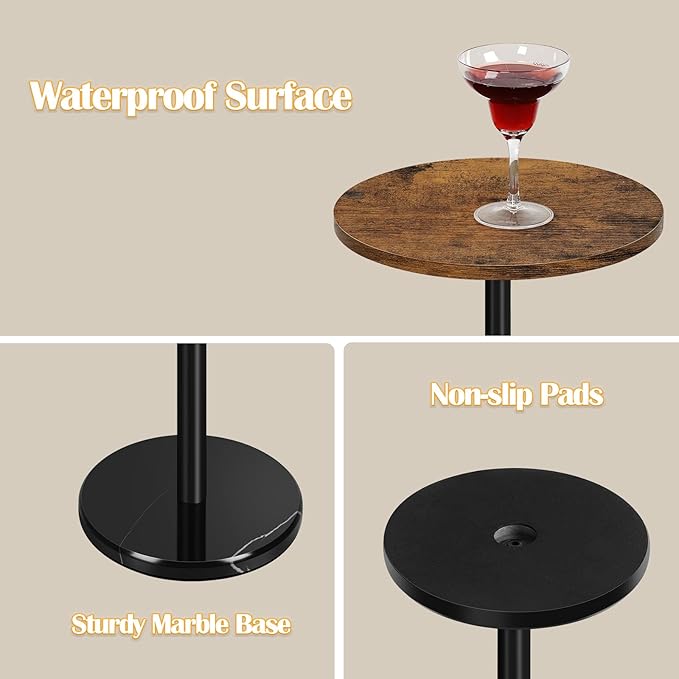 Round Side Table Set of 2 Small Drink Pedestal Accent End Coffee Cocktail Table with Marble Base for Small Spaces Living Room Sofa Outdoor Brown and Black