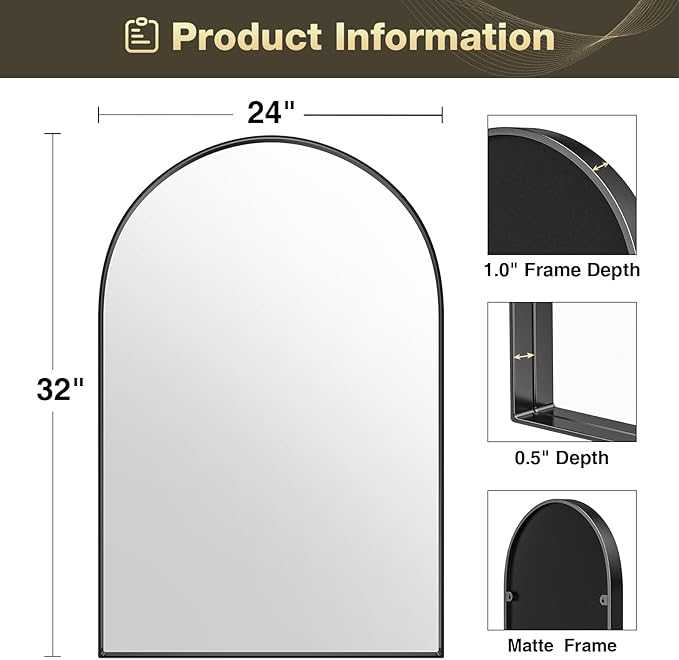 Brightify Arched Mirror, 23.9 x 31.9 Inch Black Arch Wall Mirror, Metal Frame Bathroom Mirror, Arched Top Bathroom Vanity Mirror for Living Room Bedroom Mantel Entryway Hallways