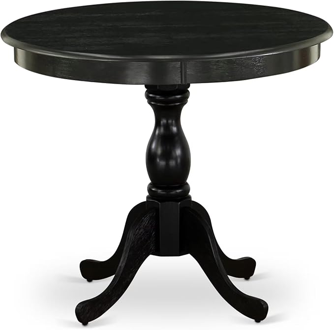 East West Furniture AMAB3-ABK-24 3 Piece Modern Dining Table Set Contains a Round Kitchen Table with Pedestal and 2 Black Color Linen Fabric Upholstered Chairs, 36x36 Inch, Wirebrushed Black