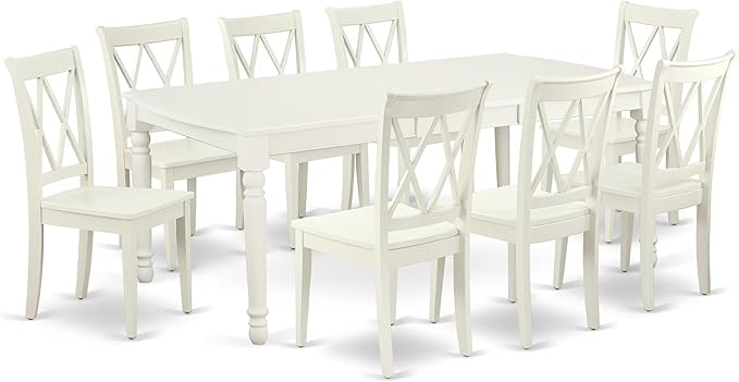 East West Furniture DOCL9-LWH-W 9 Piece Dining Table Set Includes a Rectangle Dinner Table with Butterfly Leaf and 8 Dining Room Chairs, 42x78 Inch, Linen White