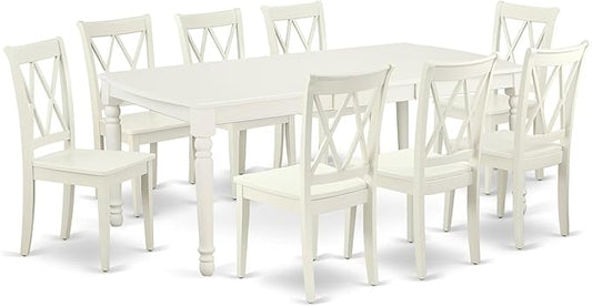 East West Furniture DOCL9-LWH-W 9 Piece Dining Table Set Includes a Rectangle Dinner Table with Butterfly Leaf and 8 Dining Room Chairs, 42x78 Inch, Linen White