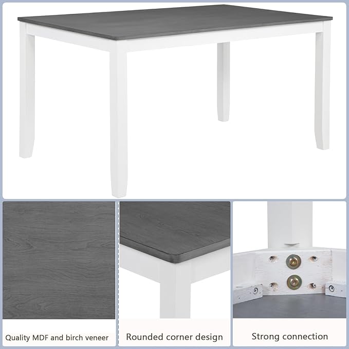 Dining Table Set for 5, 6-Piece Kitchen Table & Chairs Set with Rectangular Table, Bench & 4 Upholstered Chairs, 58.5'' Dinner Set with Wood Legs & X-Shaped Backrest for Kitchen, White&Gray