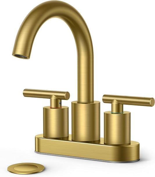 FORIOUS 4" Brushed Gold Bathroom Faucet Centerset 4 Inch, 2 Handle 2 Hole Gold Faucets for Bathroom Vanity wtih Metal Pop Up Dain, CUPC Supply Hose, High Arc Swivel Spout