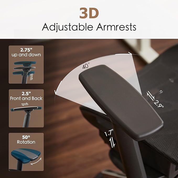 Ergonomic Mesh Office & Gaming Chair with Footrest, High Back Home Office Desk Chair, Comfortable Lumbar Support, 130° Tilt, Adjustable 3D Armrest & 2D Headrest (Black)