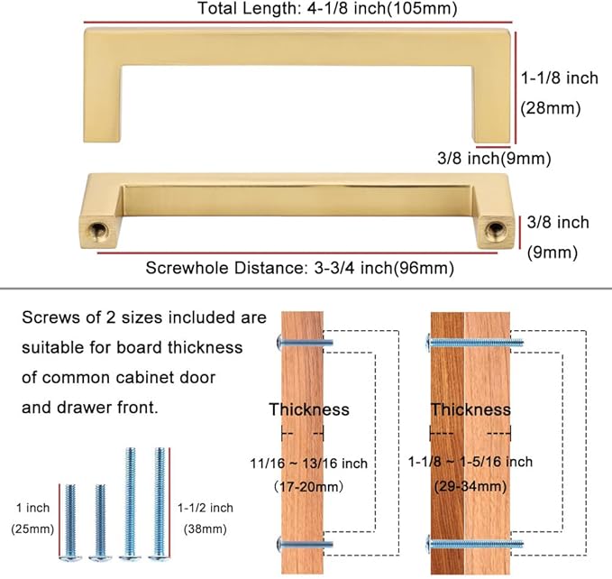 KOOFIZO Solid Square Bar Cabinet Handle - Brushed Gold Furniture Pull, 3.8 Inch/96mm Screwhole Distance, 10-Pack for Kitchen Cupboard Door, Bedroom Dresser Drawer, Bathroom Wardrobe Hardware