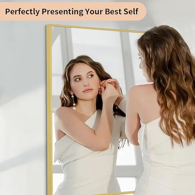 Koonmi Gold Mirrors for Wall, 26x38 Inch Bathroom Mirror, Rectangular Wall Mirror for Living Room Bedroom Bathroom, Hangs Horizontally or Vertically