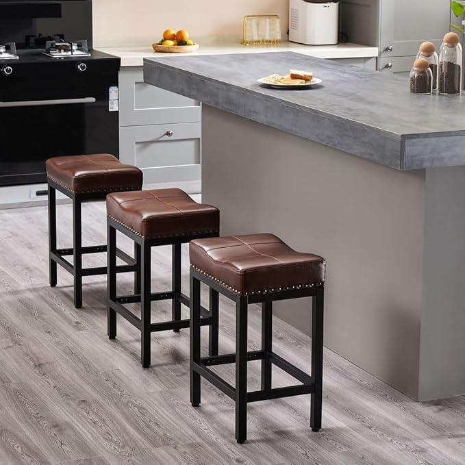 Counter Stools Set of 2 Upholstered Counter Height Bar Stools with Padded Seats and Metal Base, Leather Saddle Stool for Modern Kitchen Island, 22.4-Inch, Brown