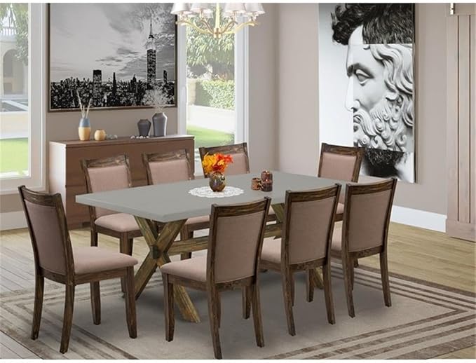 East West Furniture X797MZ748-9 9 Piece Dining Room Table Set Includes a Rectangle Kitchen Table with X-Legs and 8 Coffee Linen Fabric Parson Dining Chairs, 40x72 Inch, Multi-Color