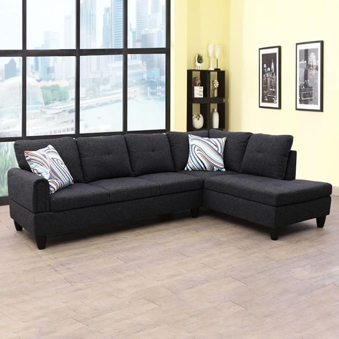 Black Grey L-Shaped 3-Piece Linen Sofa with Storage Ottoman Set, Sectional Couch Sofa Set for Living Room, Office, Small Space