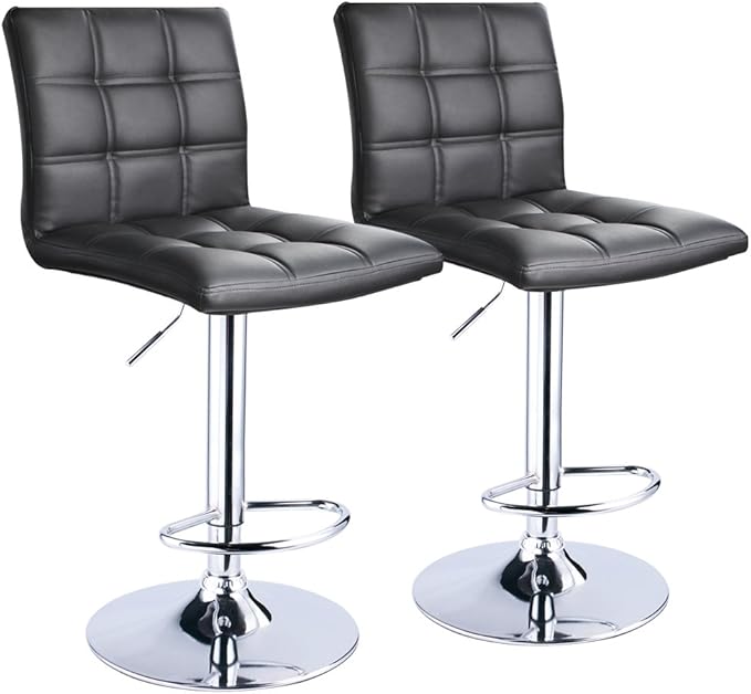 Leopard Modern Square PU Leather Adjustable Bar Stools with Back, Square Back Bar Stools Set of 2, Bar Height Swivel Barstools for Kitchen Counter (Black)