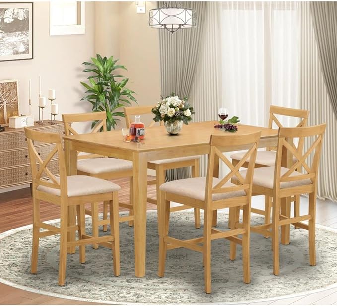 East West Furniture CAPU7H-OAK-C 7 Piece Kitchen Counter Height Dining Table Set Consist of a Rectangle Dining Room Table and 6 Linen Fabric Upholstered Chairs, 36x60 Inch, Oak