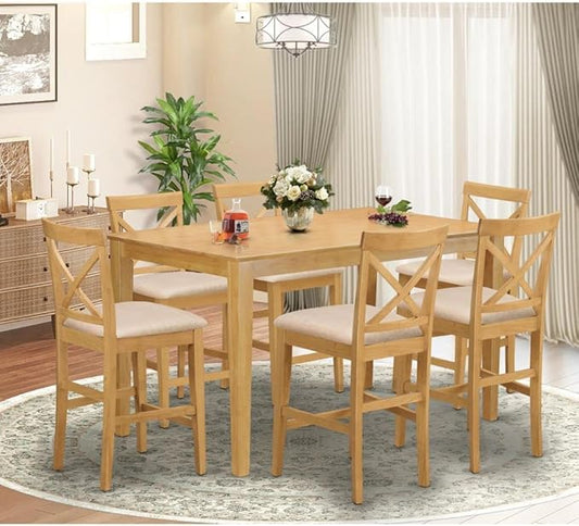 East West Furniture CAPU7H-OAK-C 7 Piece Kitchen Counter Height Dining Table Set Consist of a Rectangle Dining Room Table and 6 Linen Fabric Upholstered Chairs, 36x60 Inch, Oak