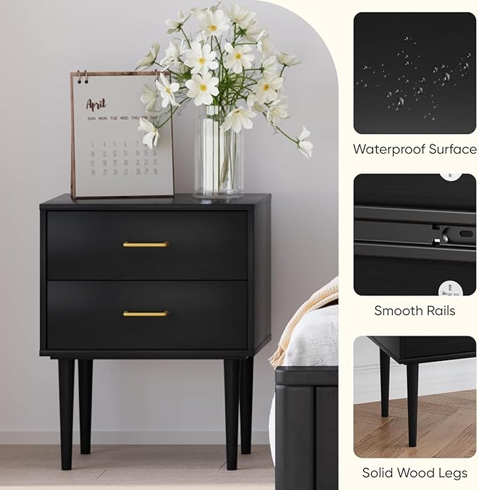 Black Nightstand with 2 Drawers,Tall Modern Night Stand Black, Wooden Night Stands for Bedroom, Bed Side Table, End Table, Gold Handle