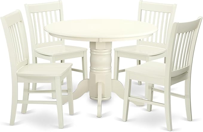 East West Furniture SHNO5-LWH-W 5 Piece Kitchen Table & Chairs Set Includes a Round Dining Room Table with Pedestal and 4 Solid Wood Seat Chairs, 42x42 Inch, Linen White