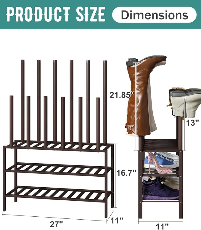 Boot Rack, Brown Boot Rack Organizer Tall Boots with Shoe Rack for Closet, Bamboo Wood Shoe Shelf Storage Organizer for Entryway Space