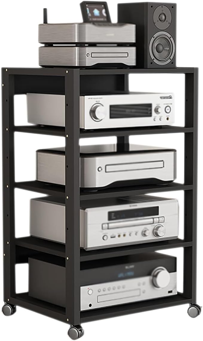 5 Tier Audio Rack Tower, CD Record Player Stereo Receiver AV Equipment Cabinet Display Rack, Weight Capacity 220 lbs, with Adjustable Wooden Shelves for Home (Black-2, 5tier)