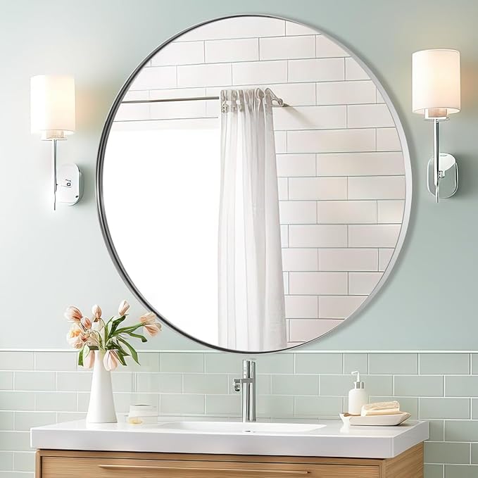ANDY STAR Round Chrome Mirror, 30 inch Round Chrome Mirror, Circle Bathroom Mirror for Bathroom in Stainless Steel Metal Frame