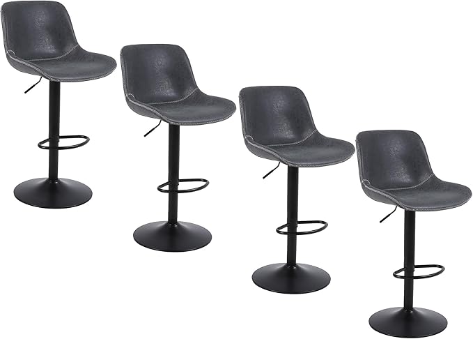 Bar Stools, Swivel Counter Height Barstools with Back, Adjustable Modern Bar Chairs, Tall Armless PU Leather Kitchen Island Stool (Black 02, Set of 4)