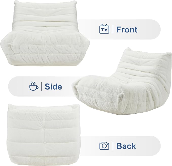 Bean Bag Chairs for Adults Giant Bean Bag Chair Memory Foam BeanBag Chair Big Bean Bag Sofa with Filler Faux Fur Fireside Beanbags Lazy Sofa for Living Room Bedroom Dorm Office (White Plush)