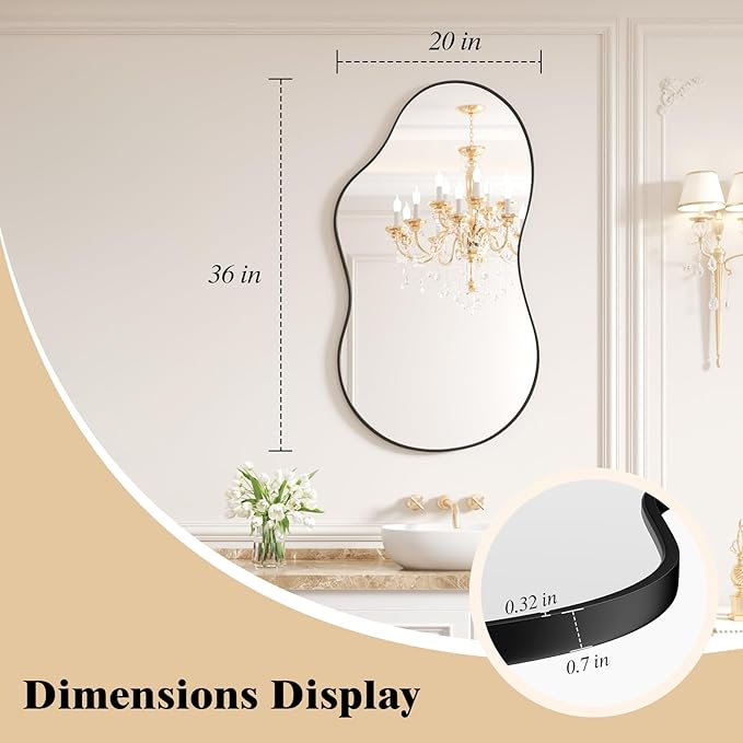 WEER Irregular Wall Mirror, 20x36 inch Black Asymmetrical Mirror Wall Mounted Mirrors Decorative, Abstract Wavy Aluminum Alloy Frame Mirror for Bathroom, Bedroom, Living Room, Entryway