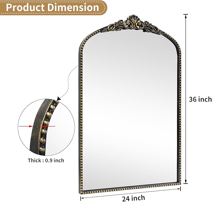 G-LEAF Vintage Baroque Mirror 24"X36", Victorian Antique Farmhouse Mantel Mirror with Black Brush Gold Ornate Metal Frame for Fireplace Entryway Living Room Hallway Bathroom