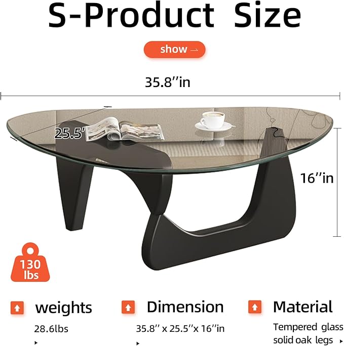 Modern Glass Coffee Table for Living Room, Mid Century Small Coffee Tables, Suitable for Bedroom Living Room Reception Office Tables（Black/Transparent，Medium）