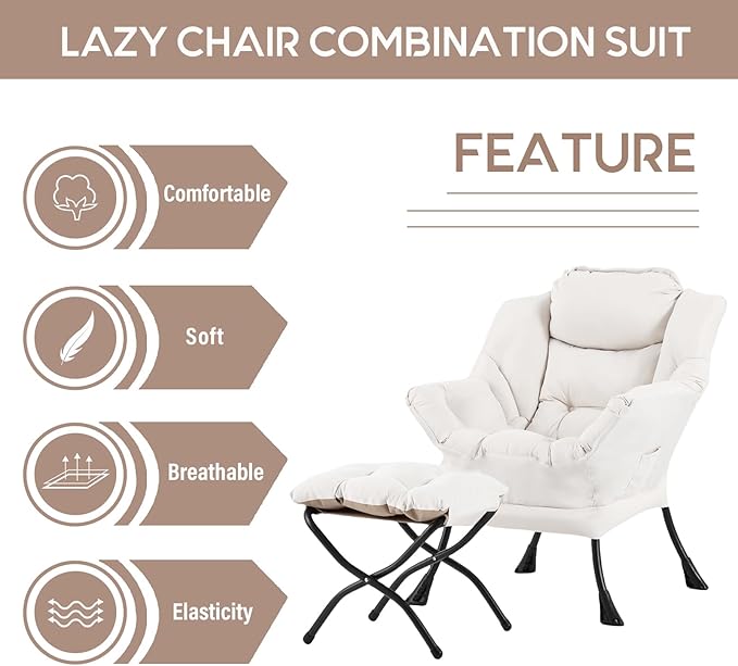 LITA Lazy Chair with Ottoman, Modern Accent Leisure Upholstered Sofa, Contemporary Lounge Reading Chair with Armrests and a Side Pocket for Living Room, Bedroom & Small Space, Beige