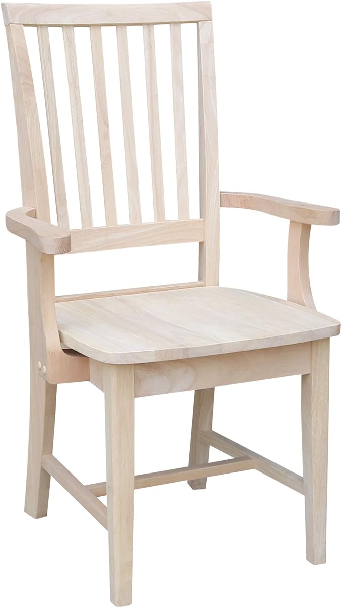 IC International Concepts Mission Side Chair with Arms Solid Parawood, Box Seat Construction, Kitchen/Dining, 22"W x 21"D x 39"H, 225 Lbs Wt. Capacity, DIY, Paint/Stain In Any Color, Unfinished