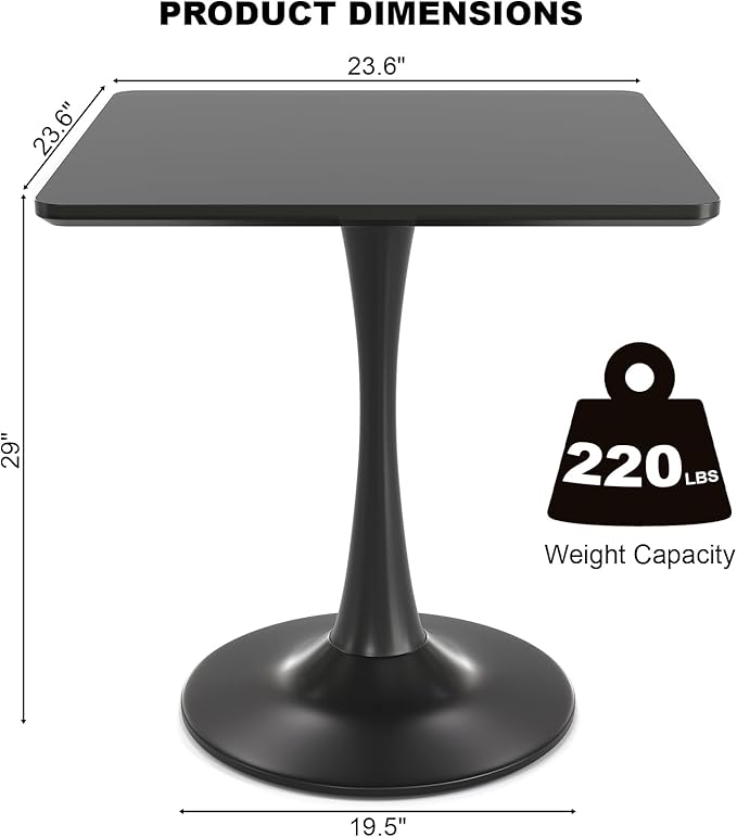 24" Black Tulip Table for Kitchen, Small Square Dining Table for 2 Person, Mid Century Modern Tables with Sturdy Metal Pedestal Base for Living Room, Cafe, Office, Pub, Bar, Bistro