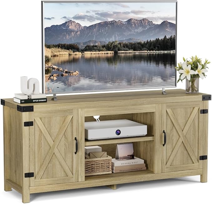 YESHOMY Modern Farmhouse TV Stand with Two Barn Doors and Storage Cabinets for Televisions up to 65+ Inch,Entertainment Center Console Table,Media Furniture for Living Room,Yellow Oak