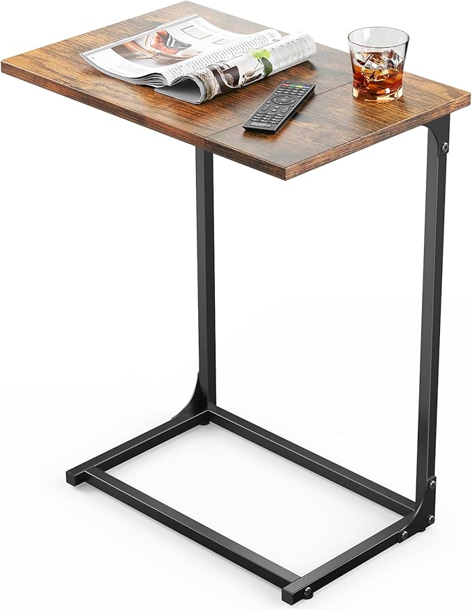 Pipishell C-Shaped Side Table, C-Table for Sofa, End Table with Metal Frame, Large Surface Couch Table for Living Room, Bedroom, and Home Office, Rustic Design, PIET11V