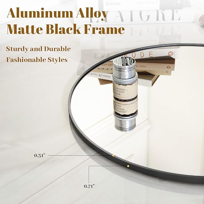 Black Round Bathroom Mirror, 30 inch Circle Wall Mounted Hanging Mirror with Simple Modern Circular Metal Frame for Hallway, Entryway, Living Room, Black Frame