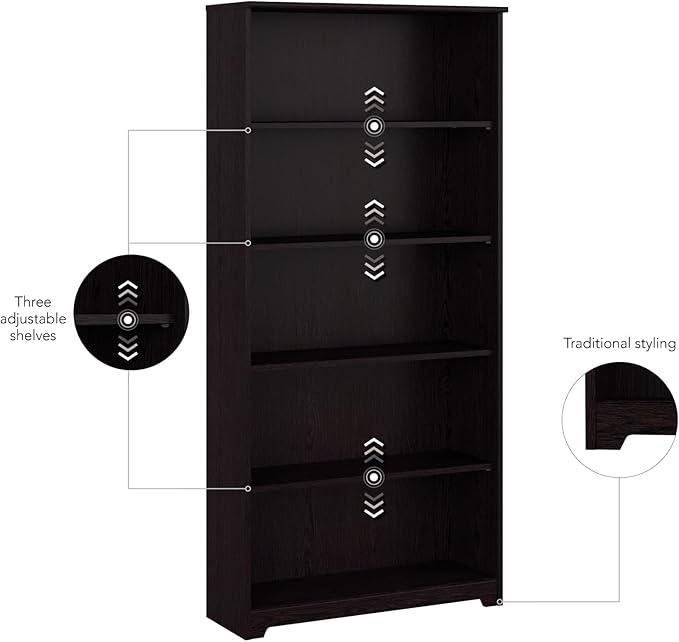 Bush Furniture Tall 5 Shelf Bookcase, Large Open Bookshelf, Sturdy Display Cabinet for Living Room or Home Office, Cabot Collection, Espresso Oak