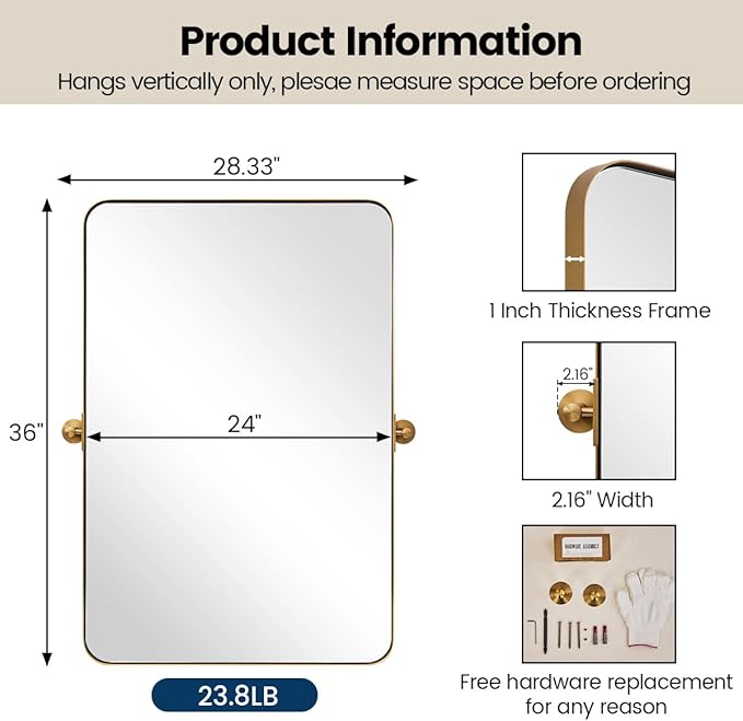 MOON MIRROR 24" x 36" Brushed Gold Metal Framed Pivot Rectangle Bathroom Mirror for Wall, Tilting Rounded Corner Rectangular Vanity Mirror Hangs Vertical Only