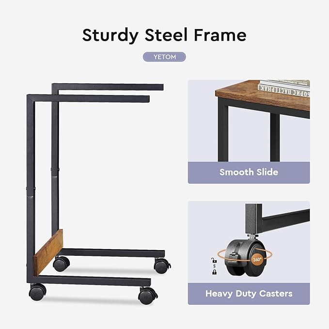 Side Table,C Table with 2-Tier Storage Shelf, End Table TV Tray with Metal Frame, Sofa Table with Wheels for Living Room, Bedroom, Office, Bathroom, Easy Assembly, Brown