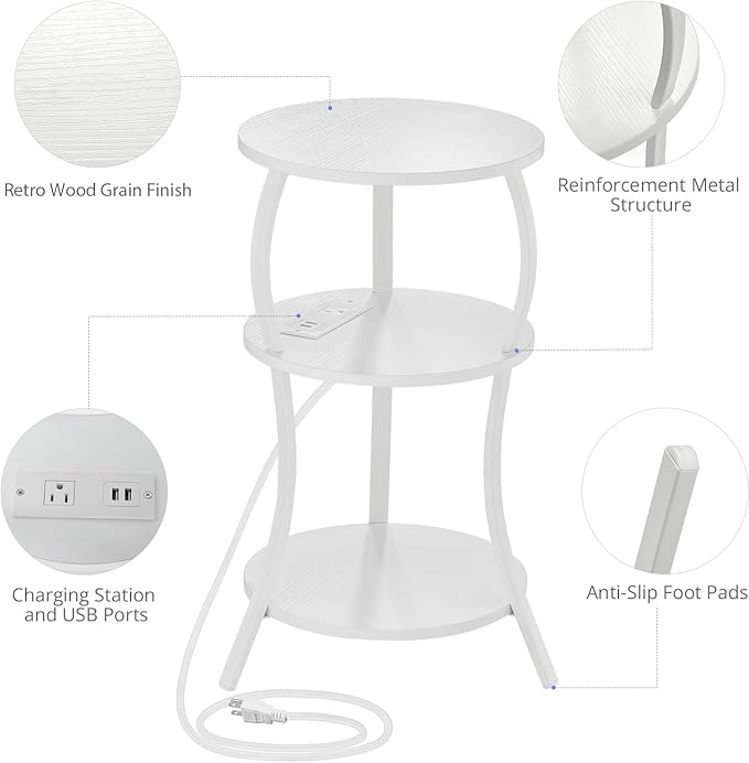 Small Round Side Table with Charging Station, 3-Tier Waist Circular End Table with Storage Shelf, Compact Tea Sofa Side Table Small Spaces, Round Corner Coffee Table for Living Room Bedroon,White