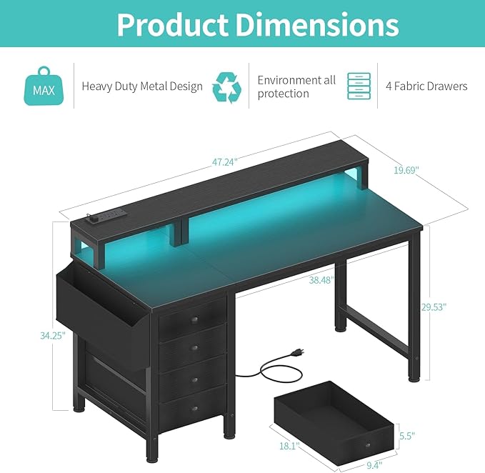 Lufeiya Gaming Desk with LED Lights and Power Outlets, 47 inch Computer Desk with Fabric Drawers, Reversible Home Office Desk with Monitor Stand, Black
