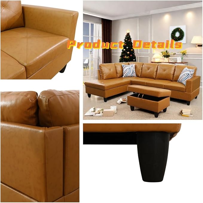 L Shaped Sectional Couch with Otttoman, 97" Leather Sectional Sofa for Living Room Modular Couches with Cup Holders for Bedroom, Apartments, Ginger