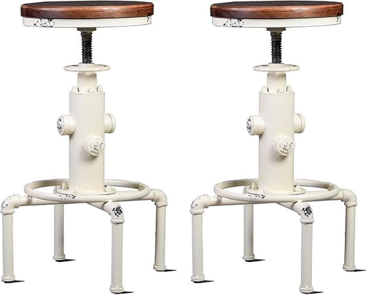 Topower Aged Antique Vintage Industrial Barstool Solid Wood Water Pipe Fire Hydrant Design Cafe Coffee Industrial Bar Stool Set of 2 Antique White