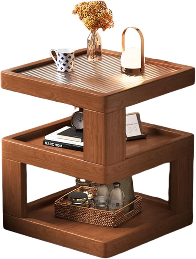 Solid Wood Nightstand,End Tables Bedroom Small Shelf Modern Nightstand Wood Side Table (GLASS-21.3 * 15.8 * 15.8)