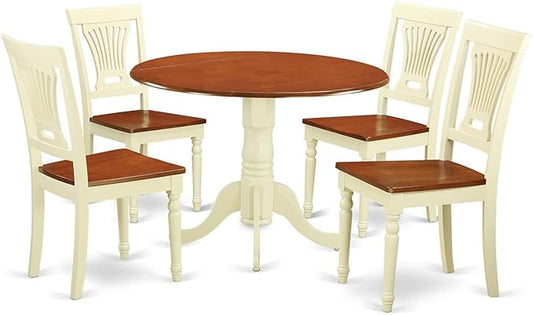 East West Furniture DLPL5-BMK-W 5 Piece Modern Dining Table Set Includes a Round Wooden Table with Dropleaf and 4 Dining Chairs, 42x42 Inch, Buttermilk & Cherry