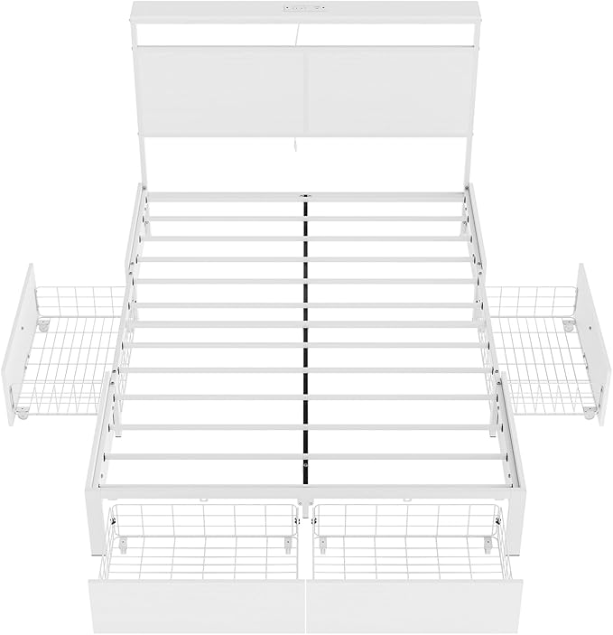 Full Bed Frame with 4 Storage Drawers Bed Frame Full Size with Headboard LED Lights Charging Station Metal Slats Platform Heavy-Duty Support No Box Spring Needed White