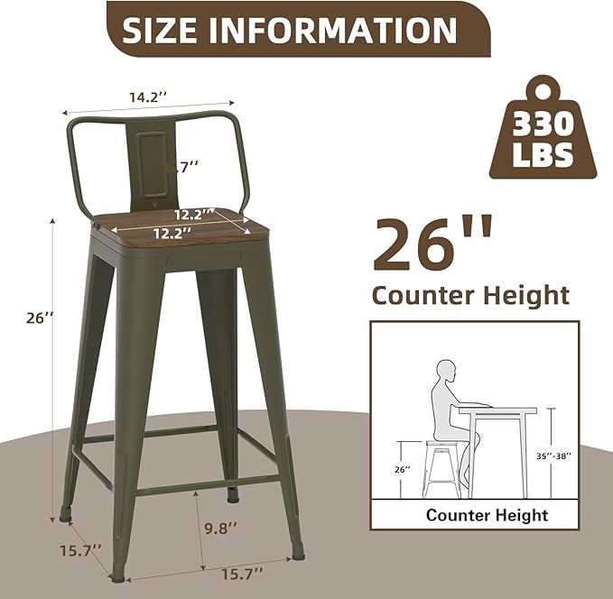 26 Inch Swivel Bar Stools Set of 4, Counter Height Bar Stools with Low Back, Metal Industrial Bar Chairs for Kitchen Island (Rusty)