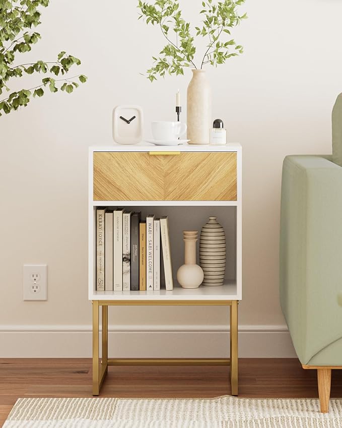 Nightstand,Modern Night Stand Boho Farmhouse Wood Bedside Table with Storage Drawer and Open Shelf,Side End Table for Bedroom,Living Room,White