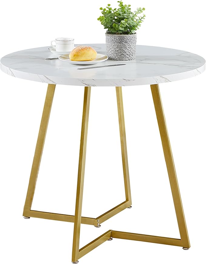 VECELO Round Dining Room Table with Wood Grain Tabletop and Steel Frame, for Kitchen, Living Room, Office, Conference, 2 to 4 Person, White & Gold