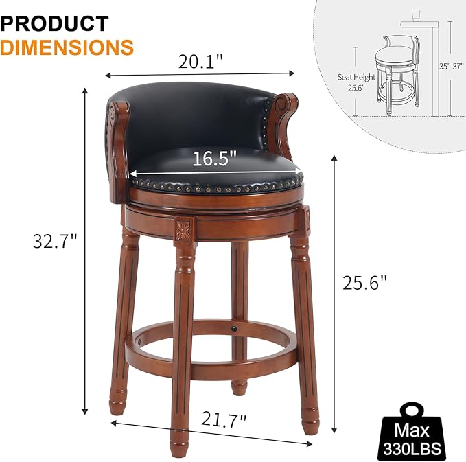 CozyRain Bar Stools Rubber Wood Counter Height Bar Stool Leather Upholstered Swivel Barstools with Back & Footrest for Home,Kitchen,Counter,Dining Room (Black, Seat Height 26 in)