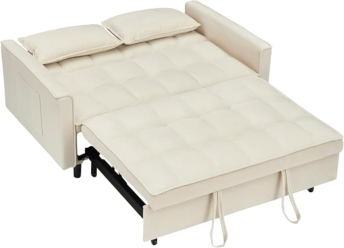 Ball & Cast Convertible Sofa Bed,Loveseat Sleeper Sofa W/Pull-Out Bed&2 Pillows,Convertible Pull Out Couch W/Adjustable Backrest&Side Pocket,Velvet Futon Couches for Living Room,Apartment,Beige,55"