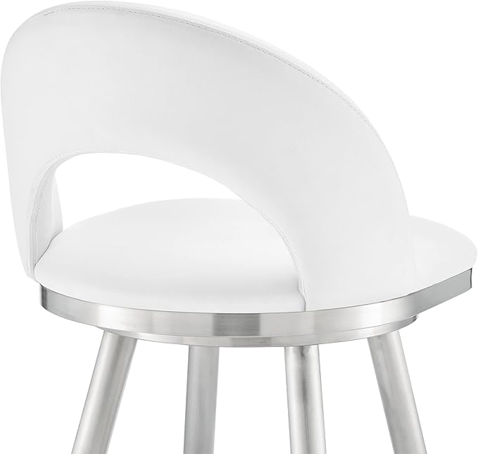 Armen Living Charlotte Swivel Bar Stool in Brushed Stainless Steel with White Faux Leather