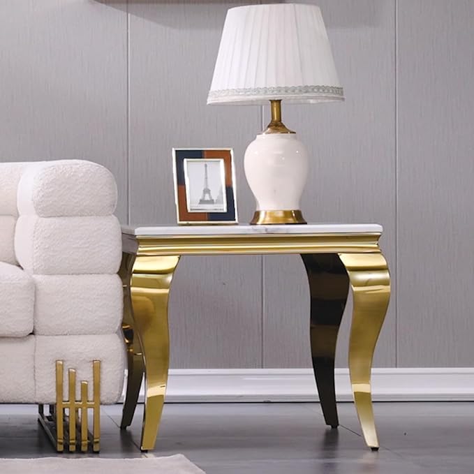 Gold End Table, Modern Square Living Room End Table with Mirrored Stainless Steel Cabriole Legs