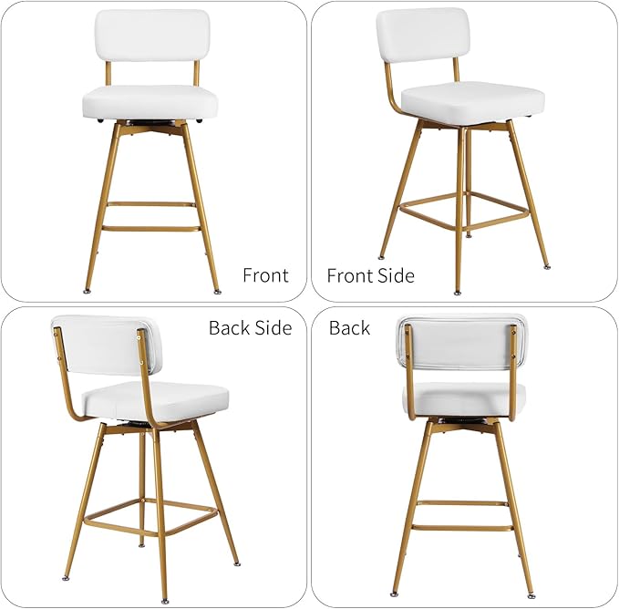 Swivel Counter Height Bar Stools Set of 2, Faux Leather Bar Stools with Back, Metal Legs and Footrest, 26" Seat Height Barstools for Kitchen Islands and Home Bars, Easy Assembly, White&Gold